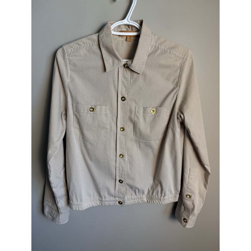Ellen Tracy Womens Tan Striped Shacket S Utility Safari Coastal Grandmother